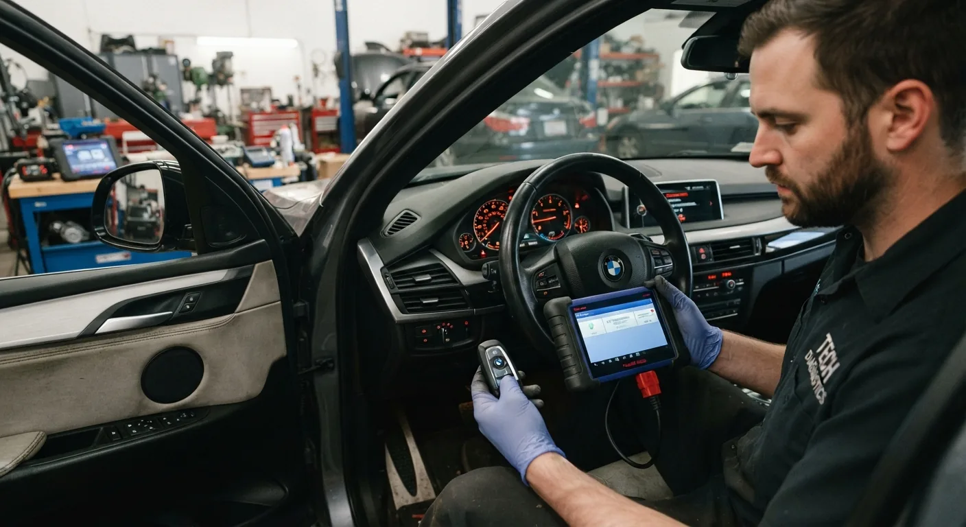Locksmith programming a car key fob with a diagnostic tool