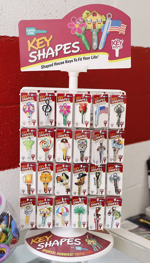 Colorful decorative house keys with unique designs at Abe's Lock & Key