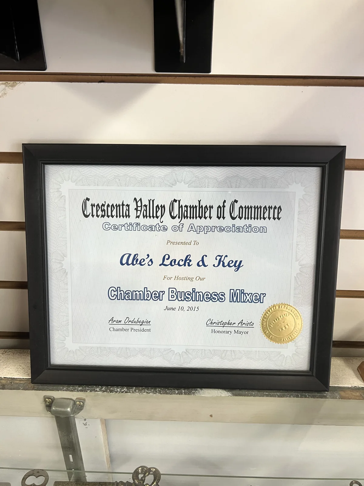 Crescenta Valley Chamber of Commerce certificate awarded to Abe's Lock and Key