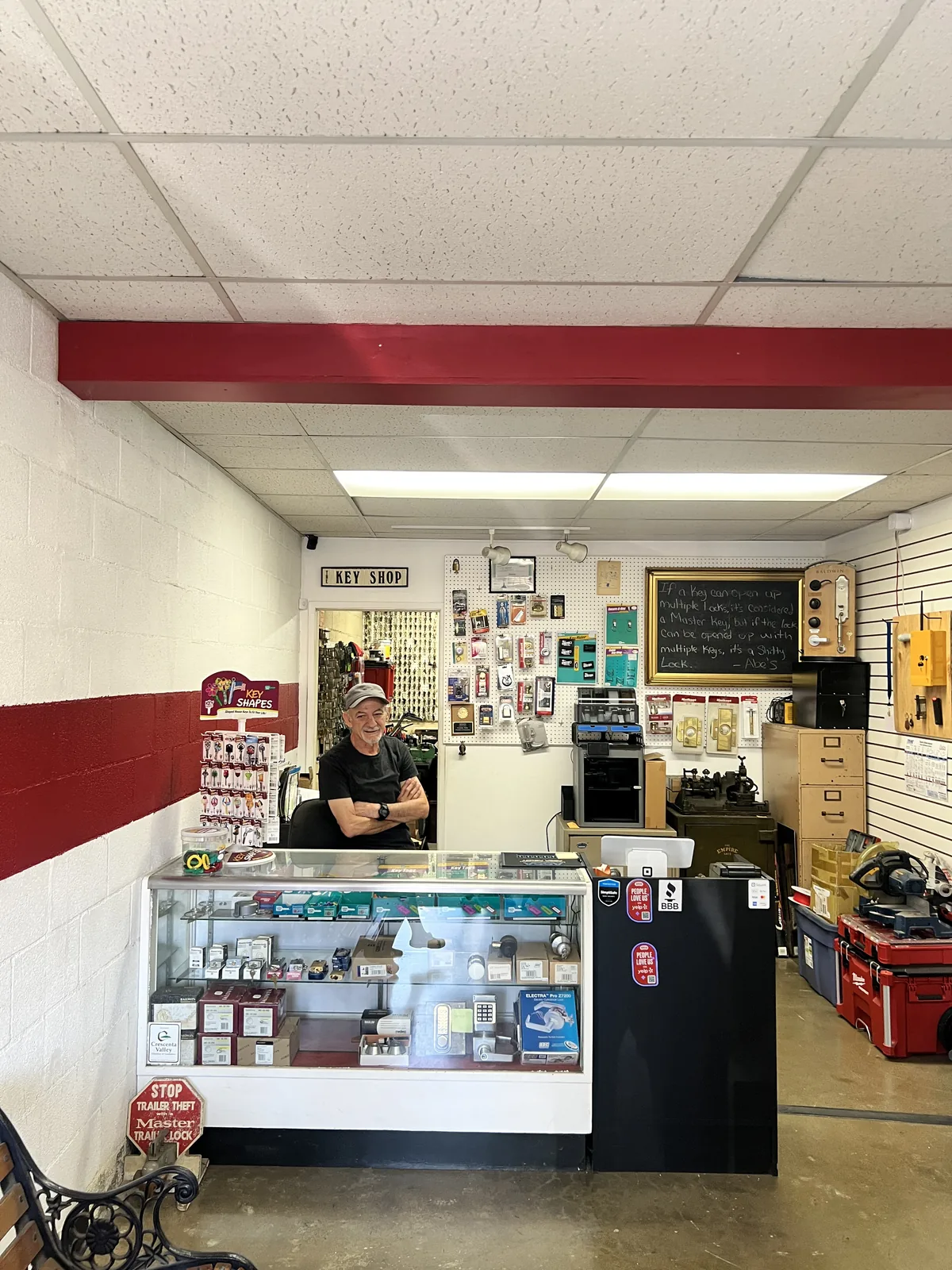 Front service counter inside Abe's Lock and Key locksmith shop