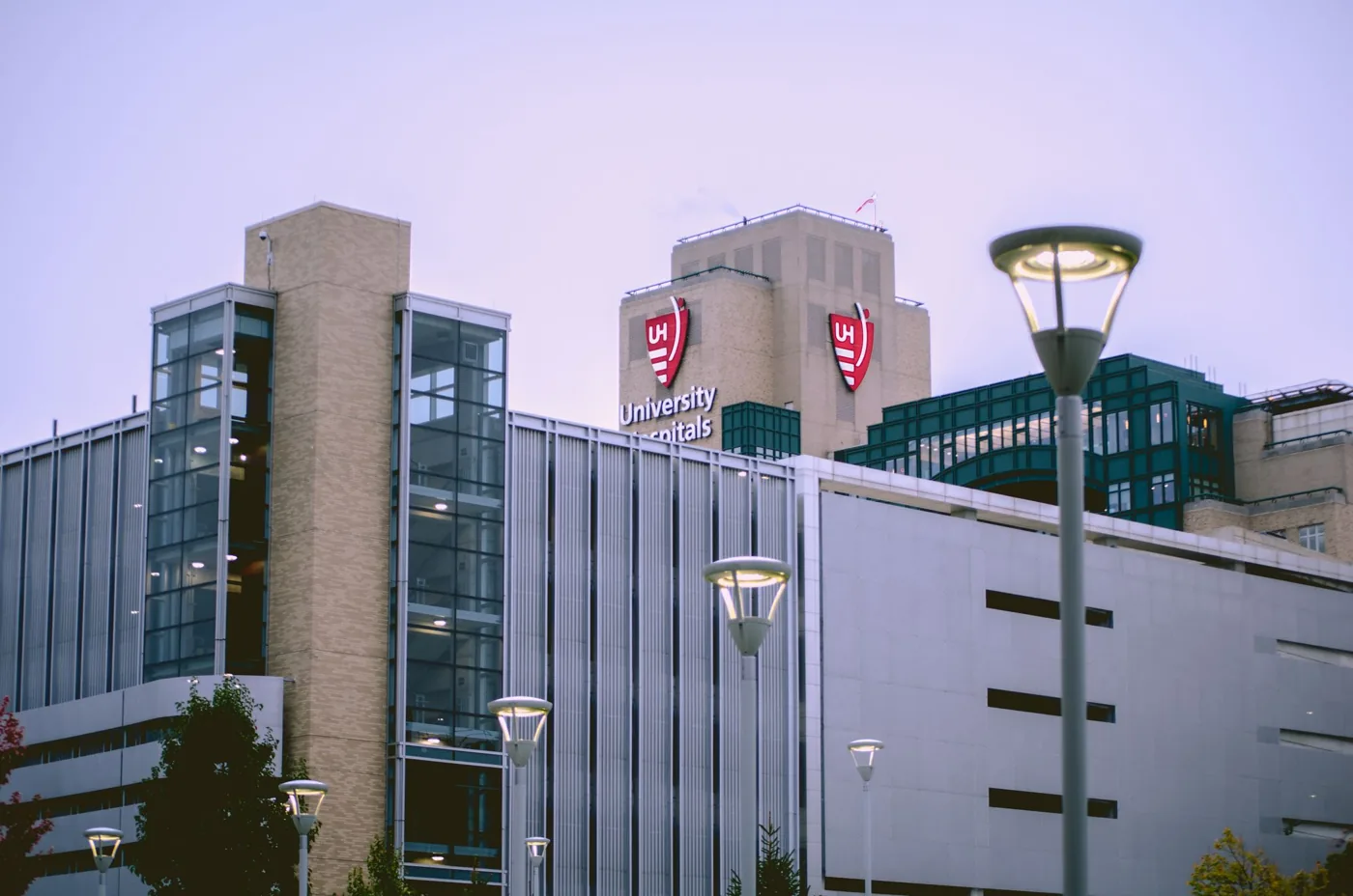 Hospital building exterior at dusk