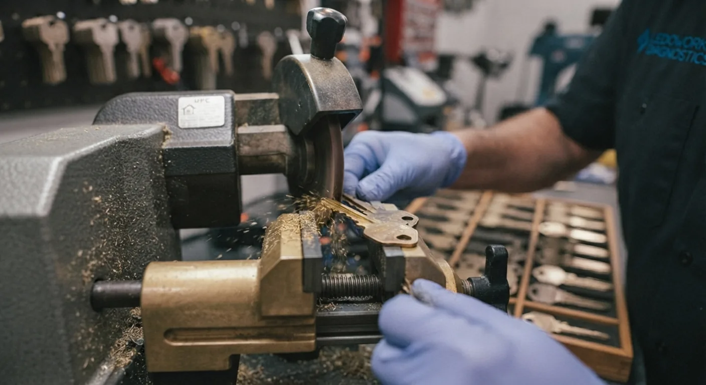 Key being cut on a key duplicating machine at Abe's Lock and Key