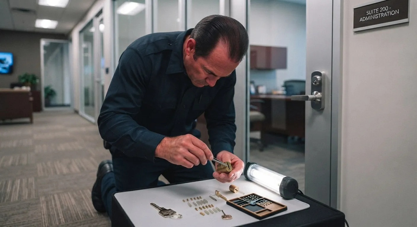 Locksmith rekeying an office lock cylinder with pins and tools
